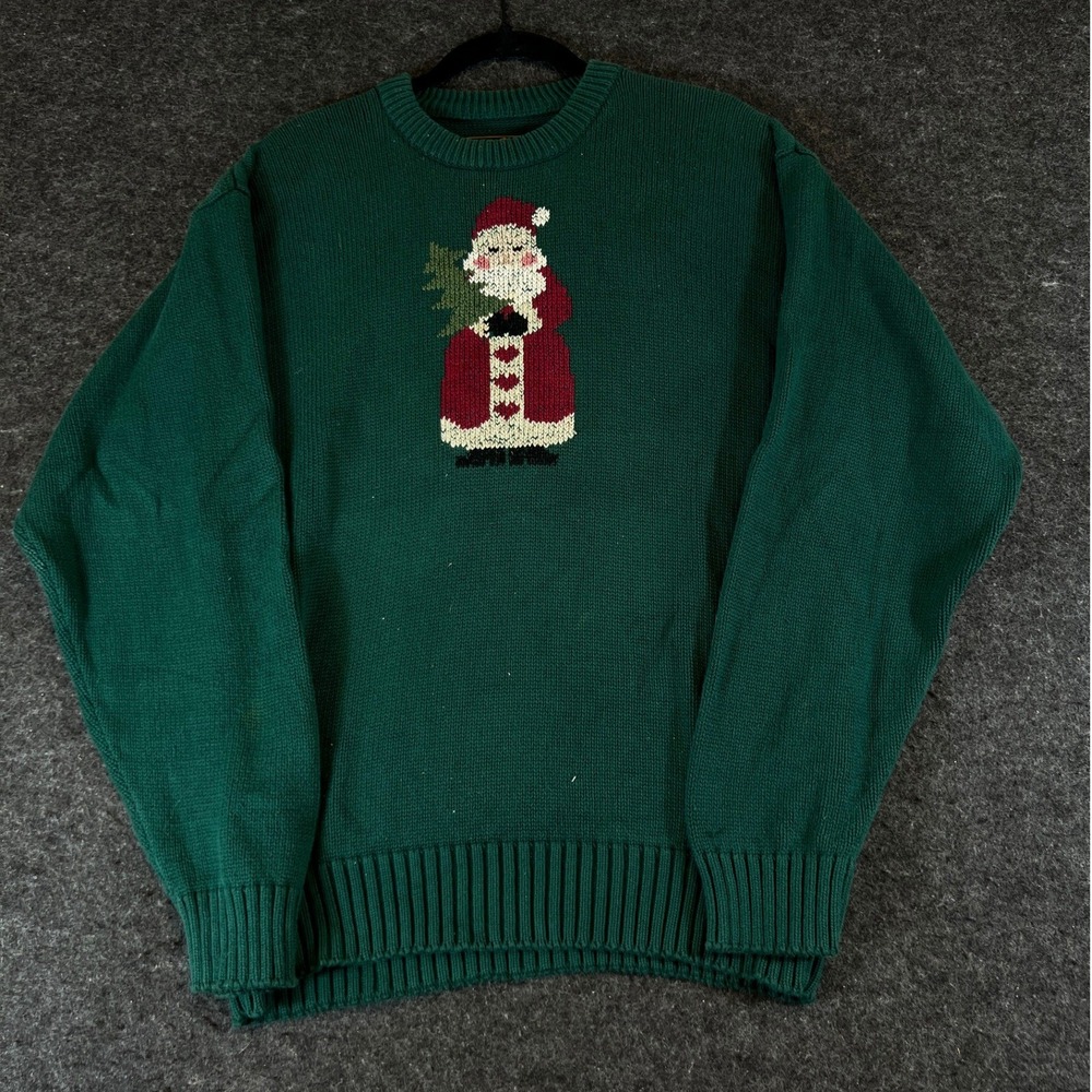 Vintage 90s Eddie Bauer Mens Small Green Santa Cotton Knit Christmas Sweater